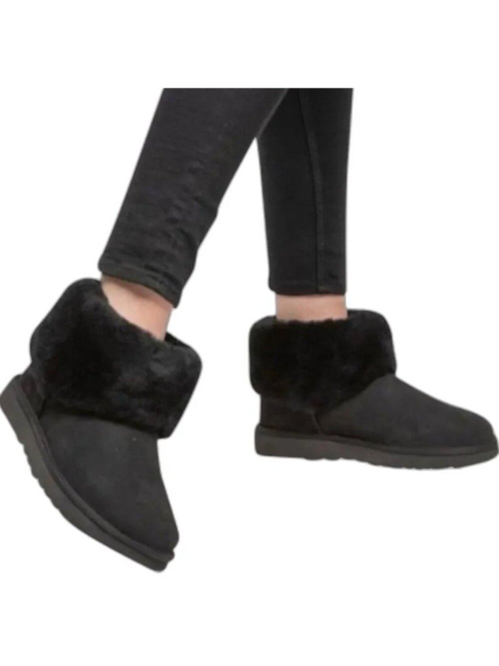 New UGG Classic Mini Fluff Genuine Shearling Black Seude Bootie EU 38 US 7